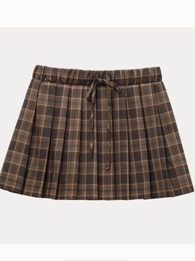 Zara Brown Plaid Pleated Mini Skirt with Drawstring